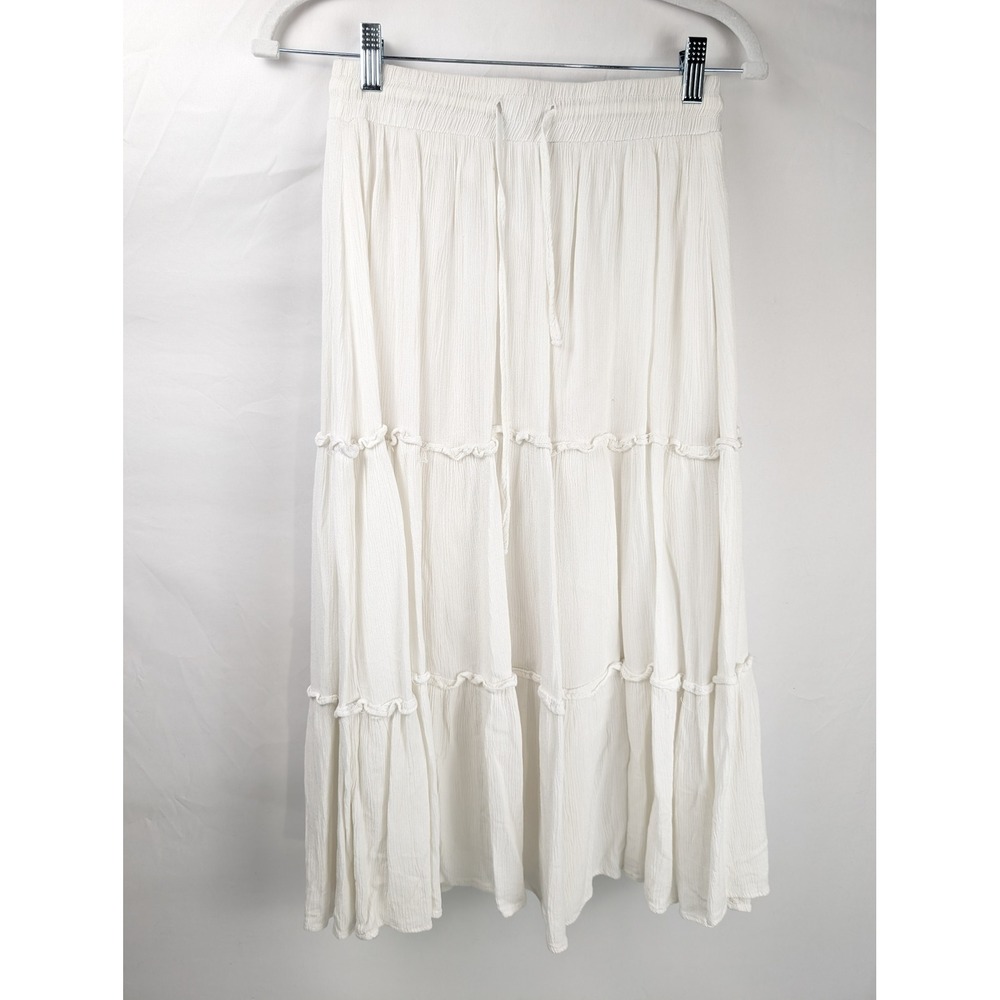 Boho Tiered Peasant Skirt Size M White Fairy Cottagecore Prairie Stretch Elastic